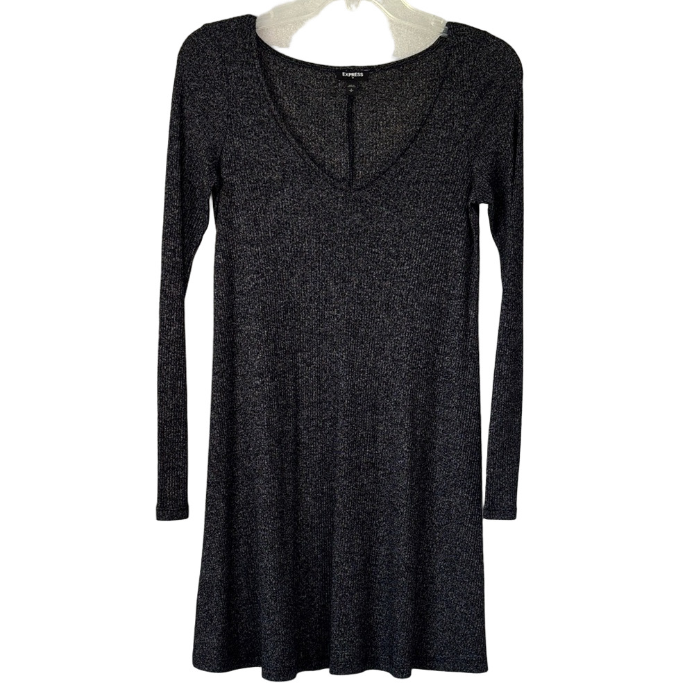 Express Lightweight Ribbed Skater Dress Grey Black Size S